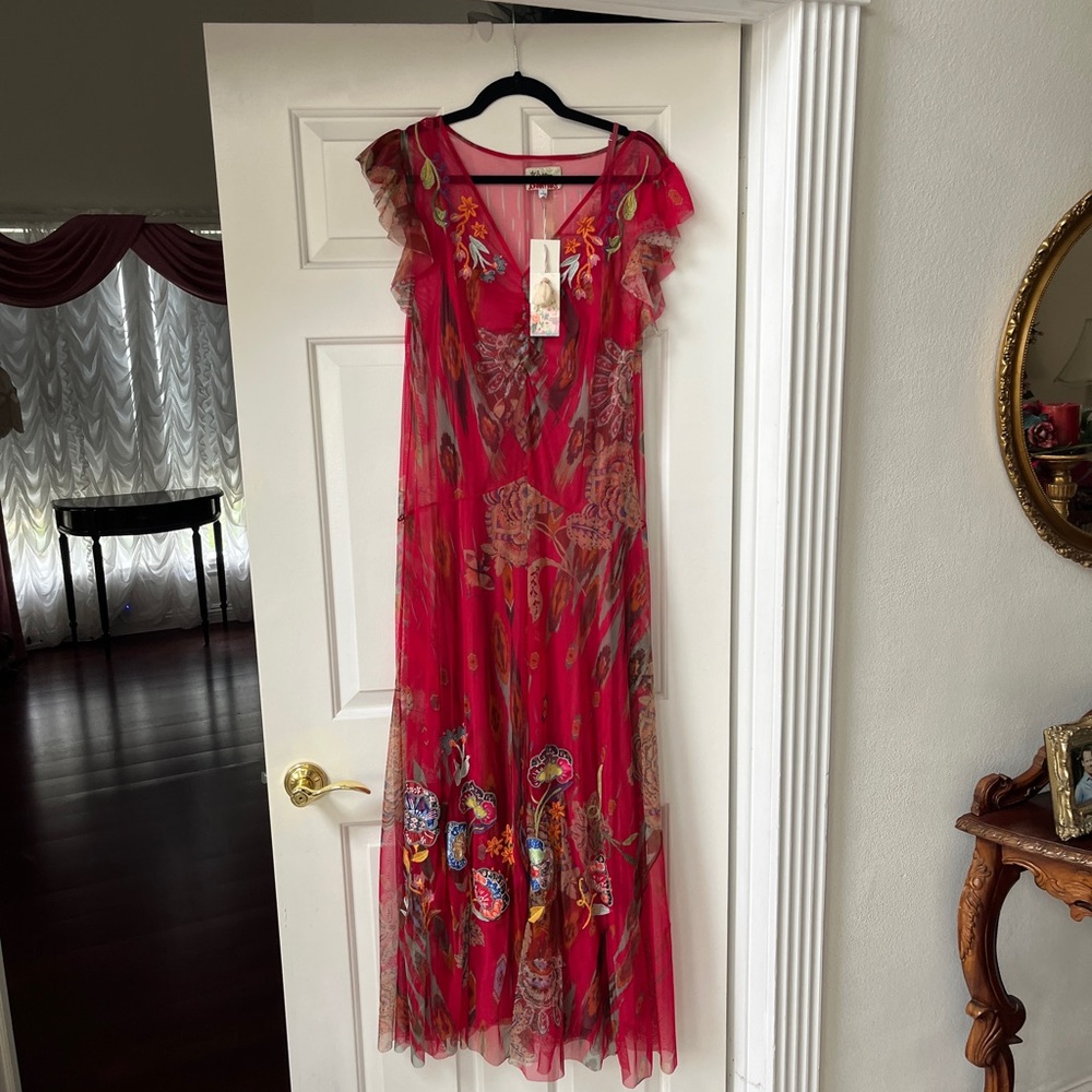 Johnny Was Red Floral Maxi Dress with Multicolor Embroidery - Picture 1 of 5